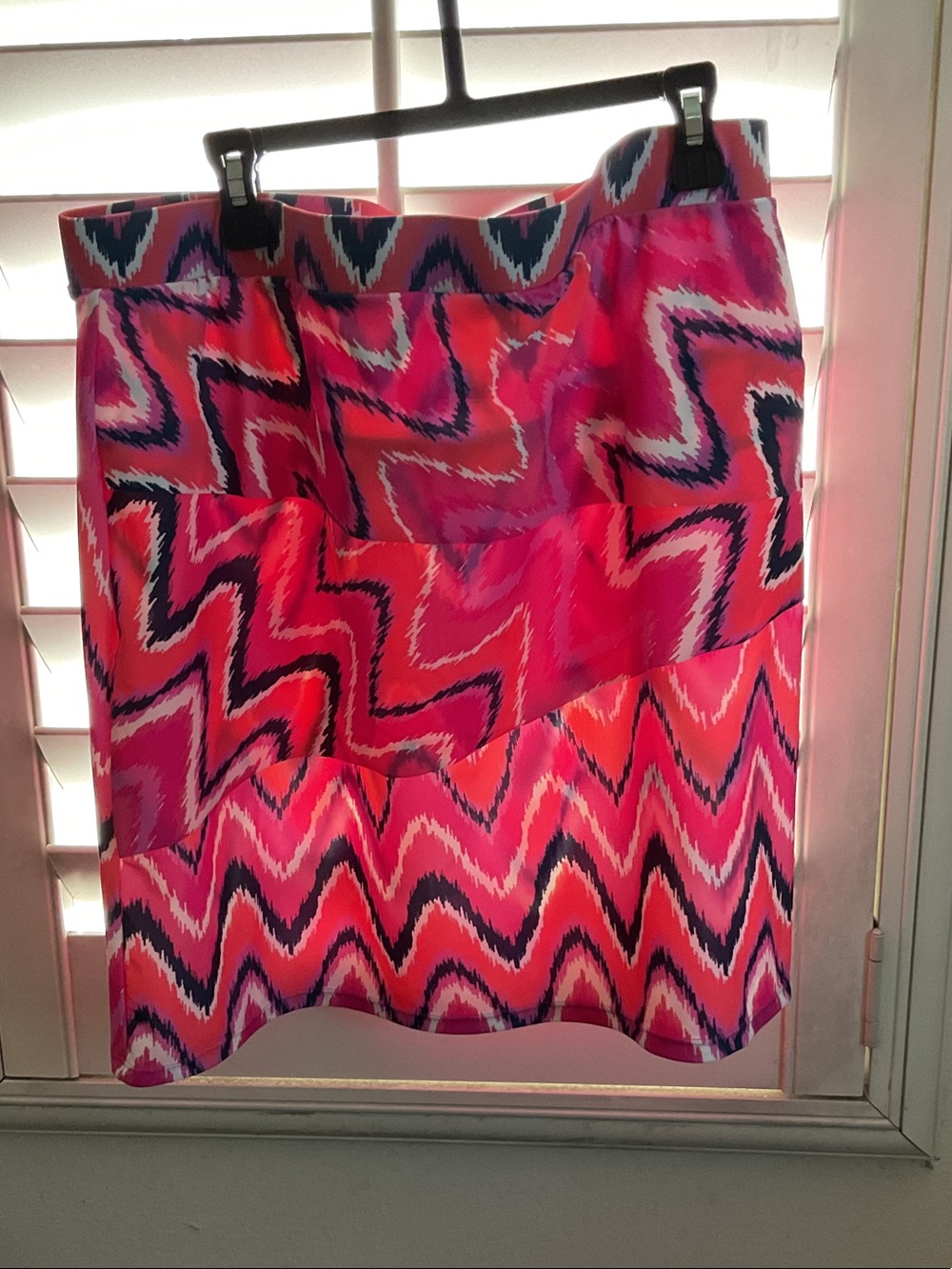 Susan Graver Pink Chevron-Style A-Line Skirt with Navy Accents